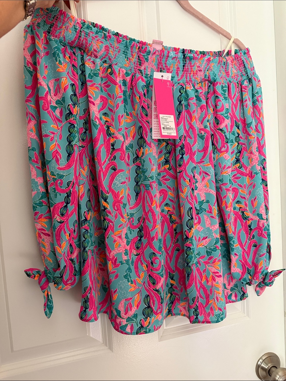 Lilly Pulitzer Off-Shoulder Floral Blouse in Teal, Hot Pink and Coral